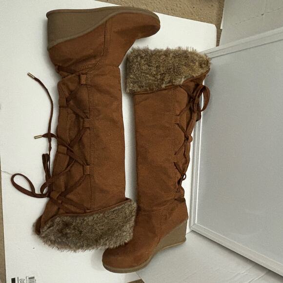 Decree DC Boulder Brown Lace Up Faux Fur Lined Knee-High Wedge Snow Boots Size 9 - Picture 5 of 12